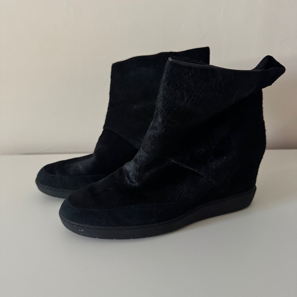 Vince Black Pony Hair Ankle Boots with Invisible Wedge